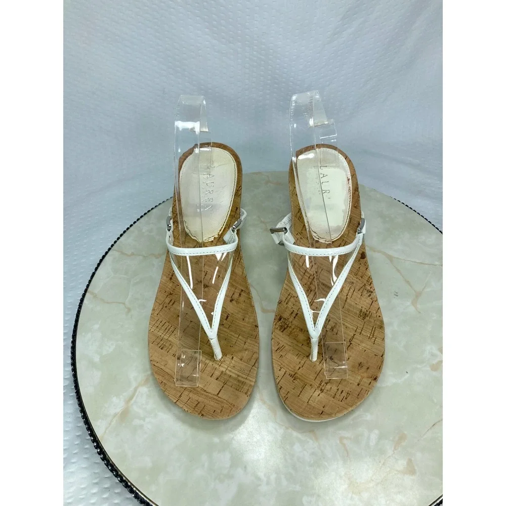 Lauren Ralph Lauren Rula Wedge Thong Sandals Women 8.5 White T-Strap Comfy Shoes
